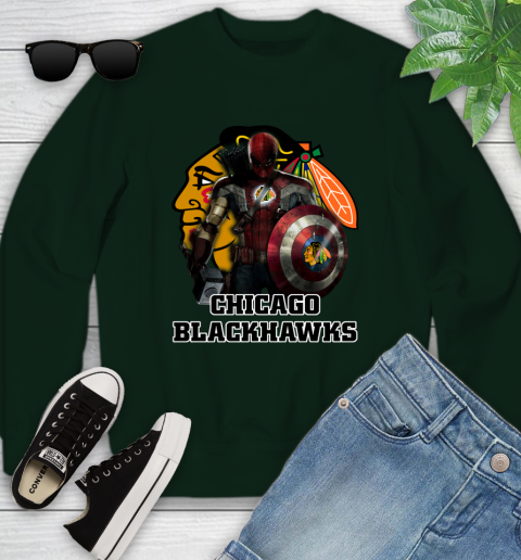 NHL Captain America Thor Spider Man Hawkeye Avengers Endgame Hockey Chicago Blackhawks Youth Sweatshirt 10