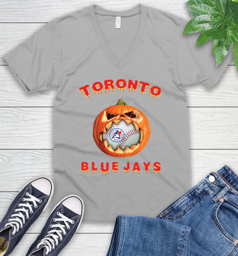 MLB Toronto Blue Jays Halloween Pumpkin Baseball Sports V-Neck T-Shirt 4