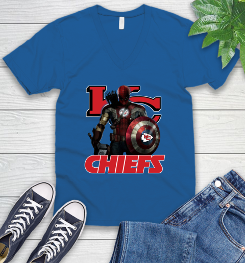 NFL Captain America Thor Spider Man Hawkeye Avengers Endgame Football Kansas City Chiefs V-Neck T-Shirt 6