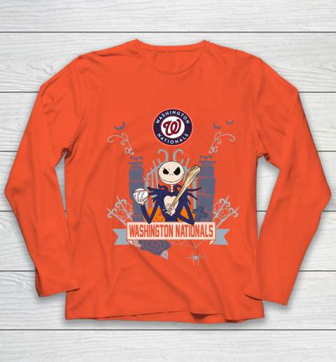 MLB Washington Nationals Baseball Jack Skellington Halloween Youth Long Sleeve 3
