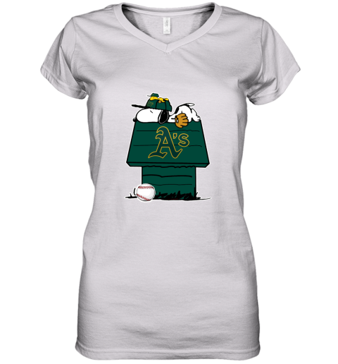 Oakland Athletics Snoopy And Woodstock Resting Together MLB Women's V-Neck T-Shirt