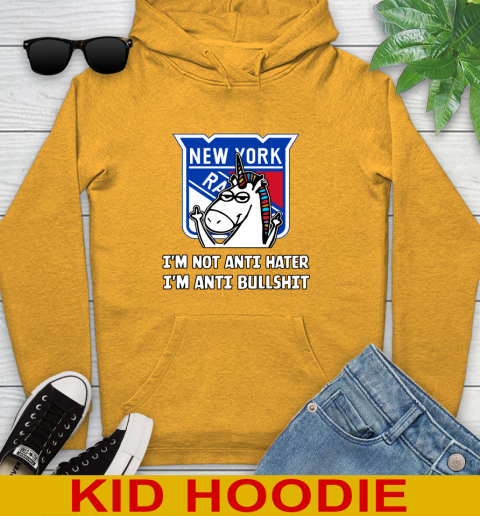 New York Rangers NHL Hockey Unicorn I'm Not Anti Hater I'm Anti Bullshit Youth Hoodie 3
