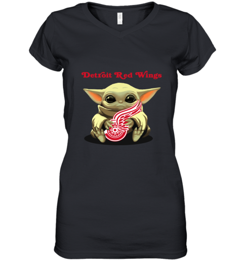 Baby Yoda Hugs The Detroit Redwings Ice Hockey Women's V-Neck T-Shirt