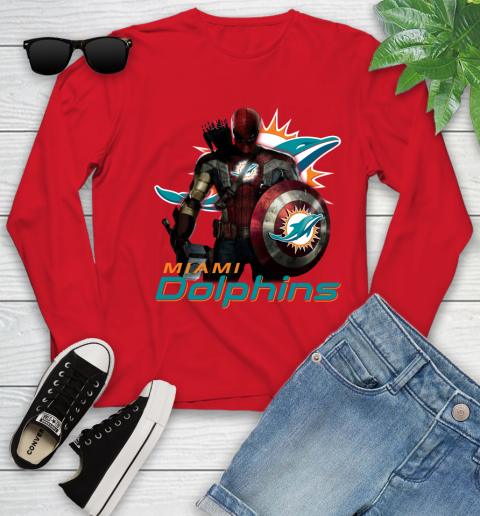 NFL Captain America Thor Spider Man Hawkeye Avengers Endgame Football Miami Dolphins Youth Long Sleeve 11