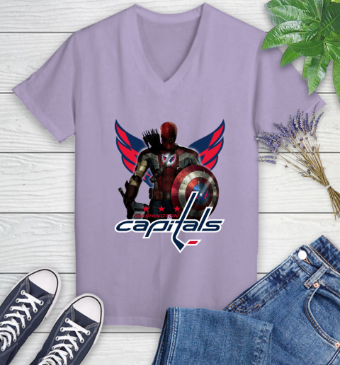 NHL Captain America Thor Spider Man Hawkeye Avengers Endgame Hockey Washington Capitals Women's V-Neck T-Shirt 14
