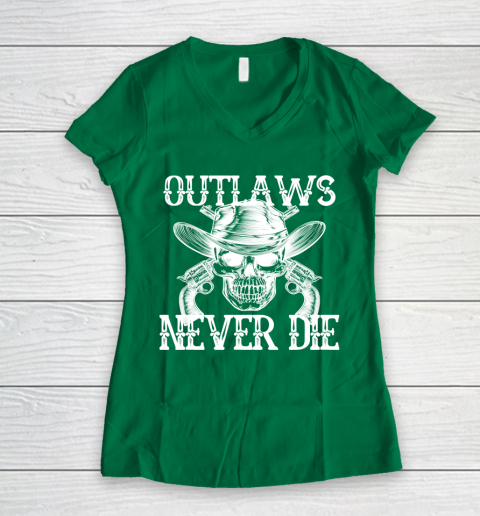 Outlaws Never Die shirt skull biker Women's V-Neck T-Shirt 3