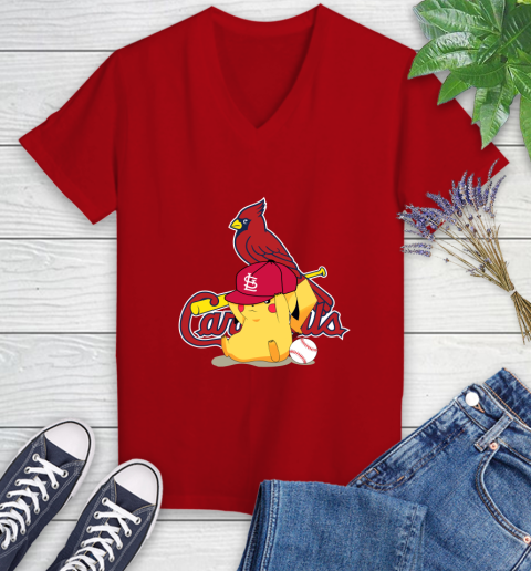 MLB Pikachu Baseball Sports St.Louis Cardinals Women's V-Neck T-Shirt 12