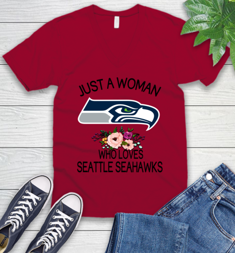 NFL Just A Woman Who Loves Seattle Seahawks Football Sports V-Neck T-Shirt 5