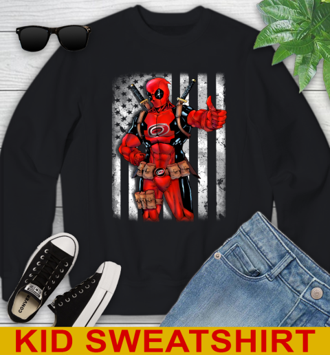 NHL Hockey Carolina Hurricanes Deadpool American Flag Shirt Youth Sweatshirt