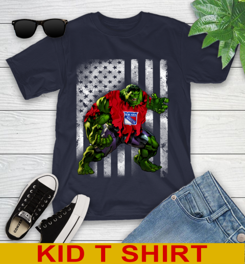 New York Rangers Hulk Marvel Avengers NHL Hockey American Flag Youth T-Shirt 2