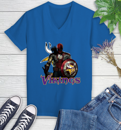 NFL Captain America Thor Spider Man Hawkeye Avengers Endgame Football Minnesota Vikings Women's V-Neck T-Shirt 10