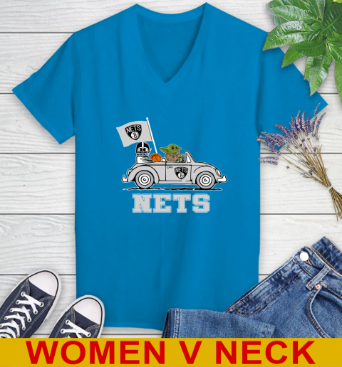NBA Basketball Brooklyn Nets Darth Vader Baby Yoda Driving Star Wars Shirt Women's V-Neck T-Shirt 8