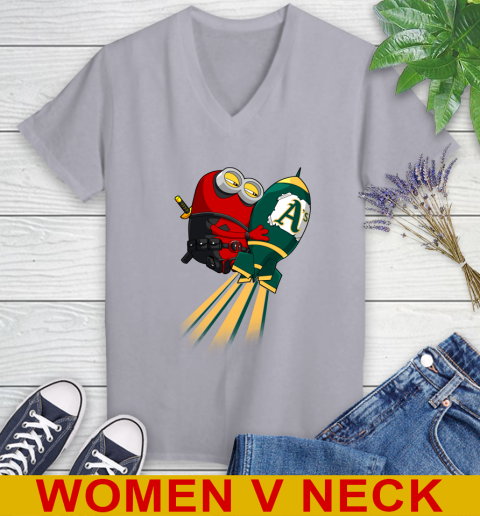 MLB Baseball Oakland Athletics Deadpool Minion Marvel Shirt Women's V-Neck T-Shirt 4