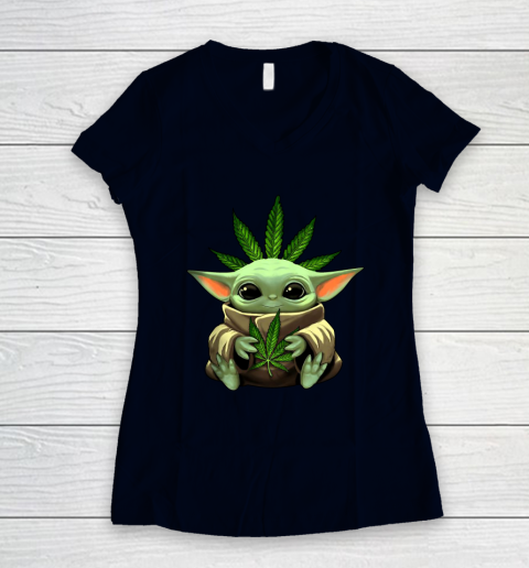 Baby Yoda Hug Marijuana Canabis Women's V-Neck T-Shirt 3