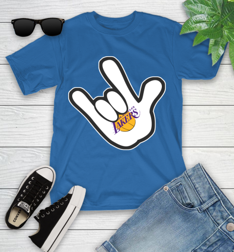 Los Angeles Lakers NBA Basketball Mickey Rock Hand Disney Youth T-Shirt 9