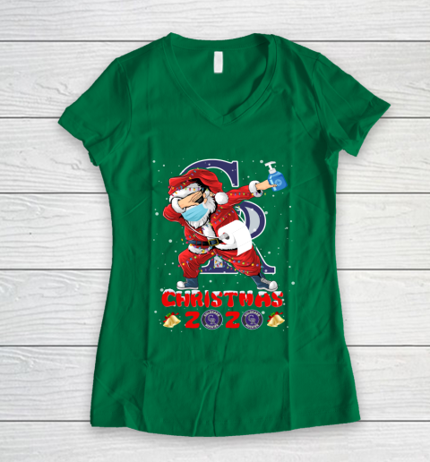 Colorado Rockies Funny Santa Claus Dabbing Christmas 2020 MLB Women's V-Neck T-Shirt 3