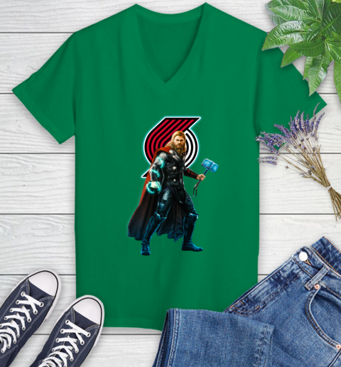 NBA Thor Avengers Endgame Basketball Portland Trail Blazers Women's V-Neck T-Shirt 5