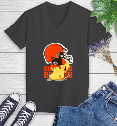 NFL Pikachu Football Sports Cleveland Browns Women's V-Neck T-Shirt 8