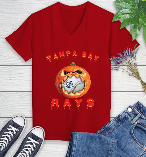 MLB Tampa Bay Rays Halloween Pumpkin Baseball Sports Women's V-Neck T-Shirt 12