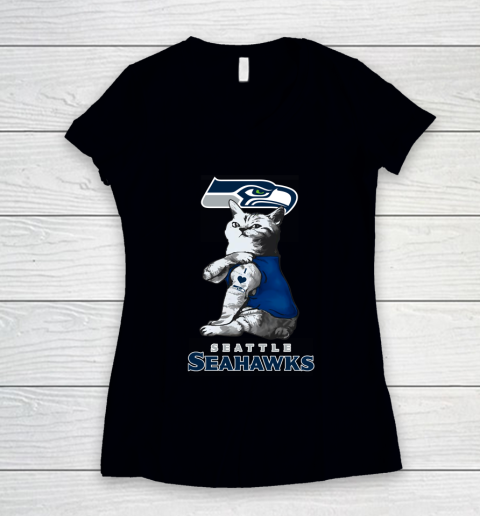 NFL Football My Cat Loves Seattle Seahawks Women's V-Neck T-Shirt