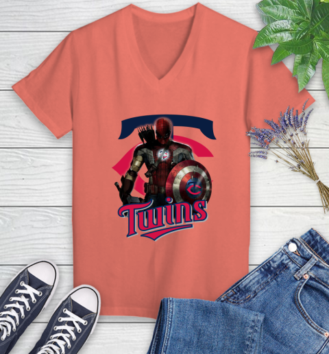 MLB Captain America Thor Spider Man Hawkeye Avengers Endgame Baseball Minnesota Twins Women's V-Neck T-Shirt 6