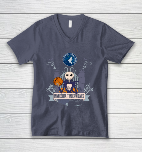 NBA Minnesota Timberwolves Basketball Jack Skellington Halloween V-Neck T-Shirt 7