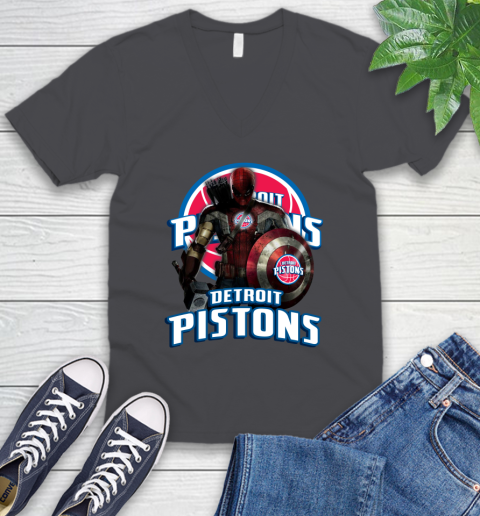 Detroit Pistons NBA Basketball Captain America Thor Spider Man Hawkeye Avengers V-Neck T-Shirt 5