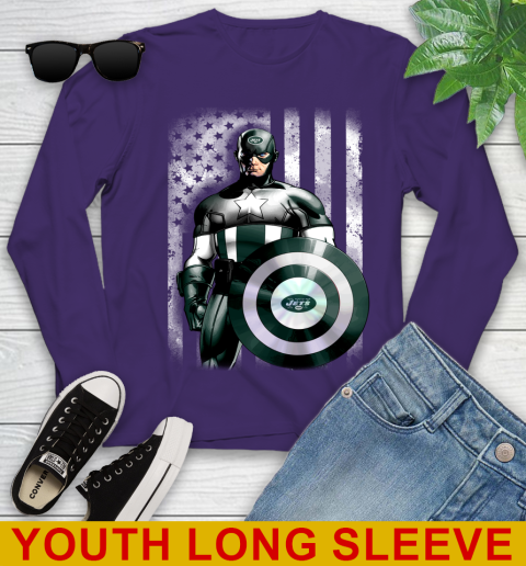 New York Jets NFL Football Captain America Marvel Avengers American Flag Shirt Youth Long Sleeve 4