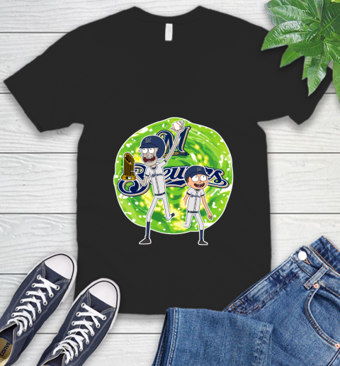 MLB Milwaukee Brewers Rick And Morty Commissioner's Trophy Baseball Sports V-Neck T-Shirt 2