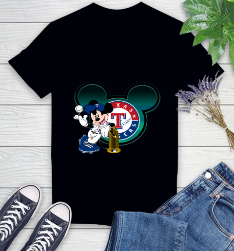 MLB Texas Rangers The Commissioner's Trophy Mickey Mouse Disney Women's V-Neck T-Shirt 2