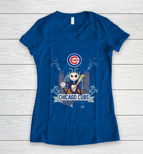 MLB Chicago Cubs Baseball Jack Skellington Halloween Women's V-Neck T-Shirt 7