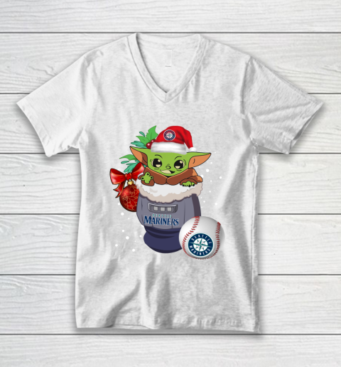 Seattle Mariners Christmas Baby Yoda Star Wars Funny Happy MLB V-Neck T-Shirt 2