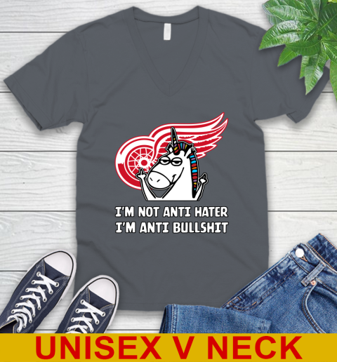 Detroit Red Wings NHL Hockey Unicorn I'm Not Anti Hater I'm Anti Bullshit V-Neck T-Shirt 5