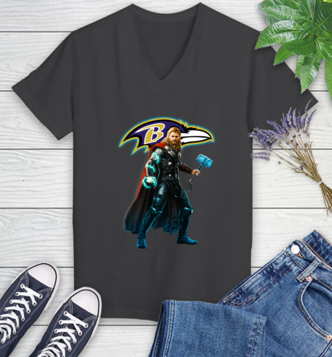 NFL Thor Avengers Endgame Football Baltimore Ravens Women's V-Neck T-Shirt 8