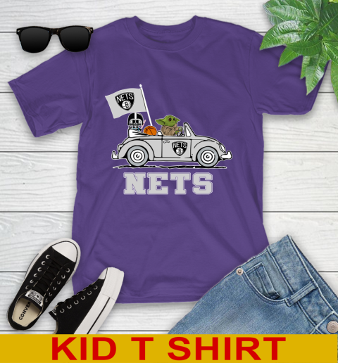 NBA Basketball Brooklyn Nets Darth Vader Baby Yoda Driving Star Wars Shirt Youth T-Shirt 4