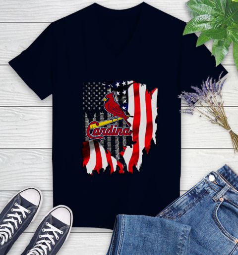 St.Louis Cardinals MLB Baseball American Flag Women's V-Neck T-Shirt 2