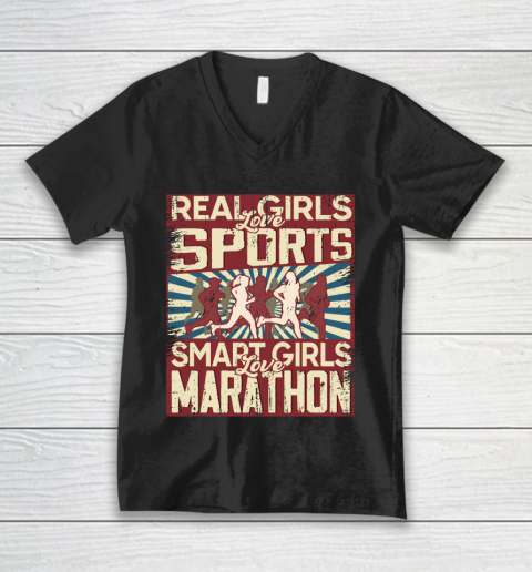 Real girls love sports smart girls love marathon V-Neck T-Shirt
