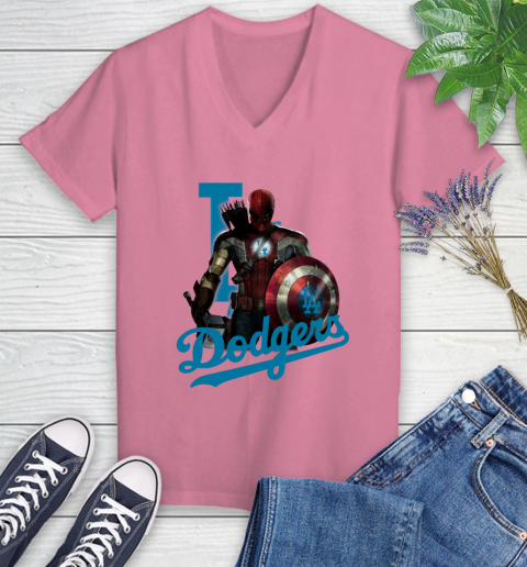 MLB Captain America Thor Spider Man Hawkeye Avengers Endgame Baseball Los Angeles Dodgers Women's V-Neck T-Shirt 13