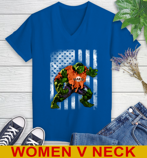 San Francisco Giants Hulk Marvel Avengers MLB Baseball American Flag Women's V-Neck T-Shirt 9