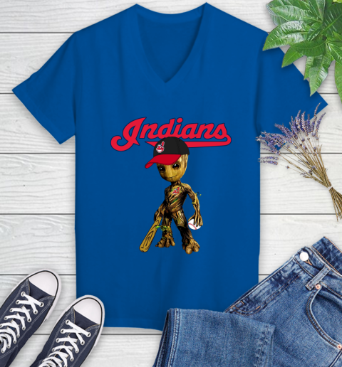 MLB Cleveland Indians Groot Guardians Of The Galaxy Baseball Women's V-Neck T-Shirt 10