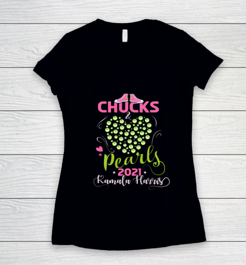 Kamala Harris Chucks and Pearls 2021 Pink and Green Women's V-Neck T-Shirt