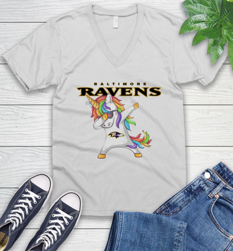 Baltimore Ravens NFL Football Funny Unicorn Dabbing Sports V-Neck T-Shirt