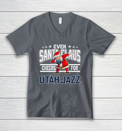 Utah Jazz Even Santa Claus Cheers For Christmas NBA V-Neck T-Shirt 4