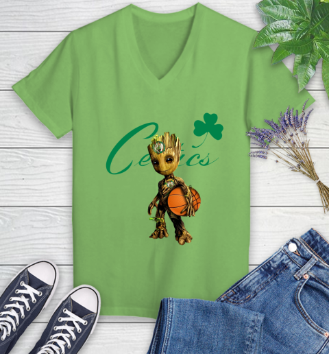 Boston Celtics NBA Basketball Groot Marvel Guardians Of The Galaxy Women's V-Neck T-Shirt 11