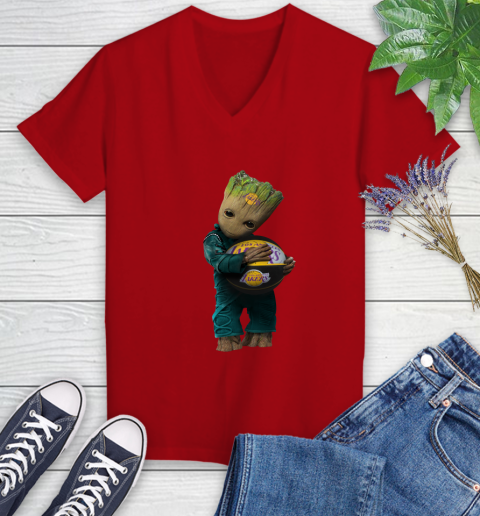 NBA Groot Guardians Of The Galaxy Basketball Sports Los Angeles Lakers Women's V-Neck T-Shirt 12