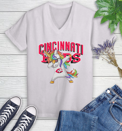 Cincinnati Reds MLB Baseball Funny Unicorn Dabbing Sports Women's V-Neck T-Shirt