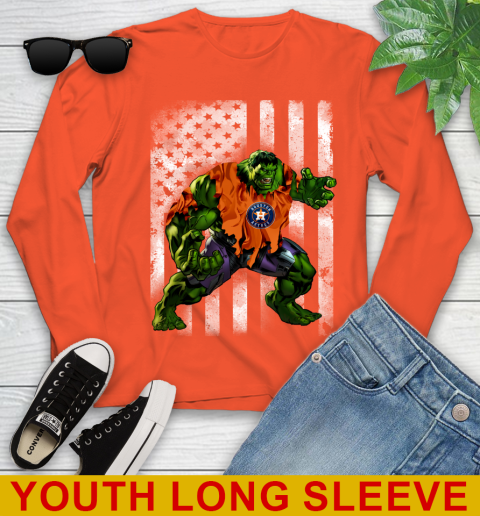 Houston Astros Hulk Marvel Avengers MLB Baseball American Flag Youth Long Sleeve - Image 4