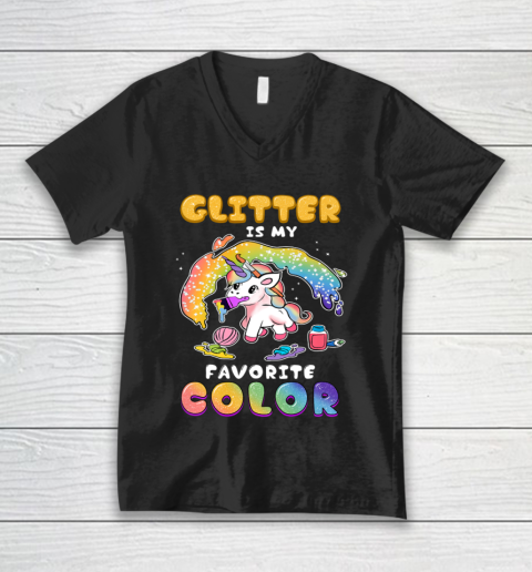 Cute Funny Glitter Is My Favorite Color Unicorn Rainbow V-Neck T-Shirt