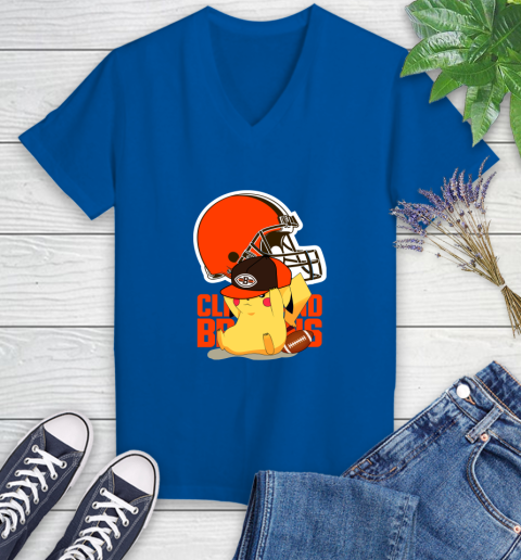 NFL Pikachu Football Sports Cleveland Browns Women's V-Neck T-Shirt 10