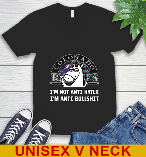 Colorado Rockies MLB Baseball Unicorn I'm Not Anti Hater I'm Anti Bullshit V-Neck T-Shirt - Image 3